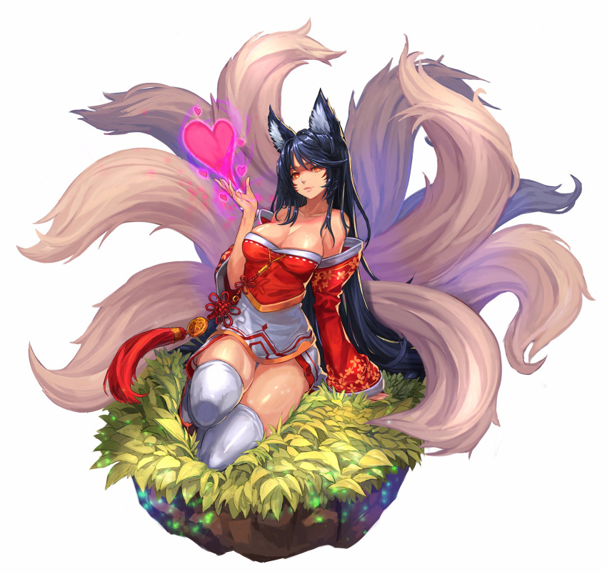 1girl ahri animal_ears arm_support bare_shoulders black_hair breasts cleavage collarbone detached_sleeves facial_mark fox_ears fox_tail heart highres korean_clothes kyuubi large_breasts league_of_legends long_hair multiple_tails orange_eyes qbspdl sandals simple_background sitting slit_pupils solo tail tassel thigh-highs very_long_hair white_background white_legwear wide_sleeves