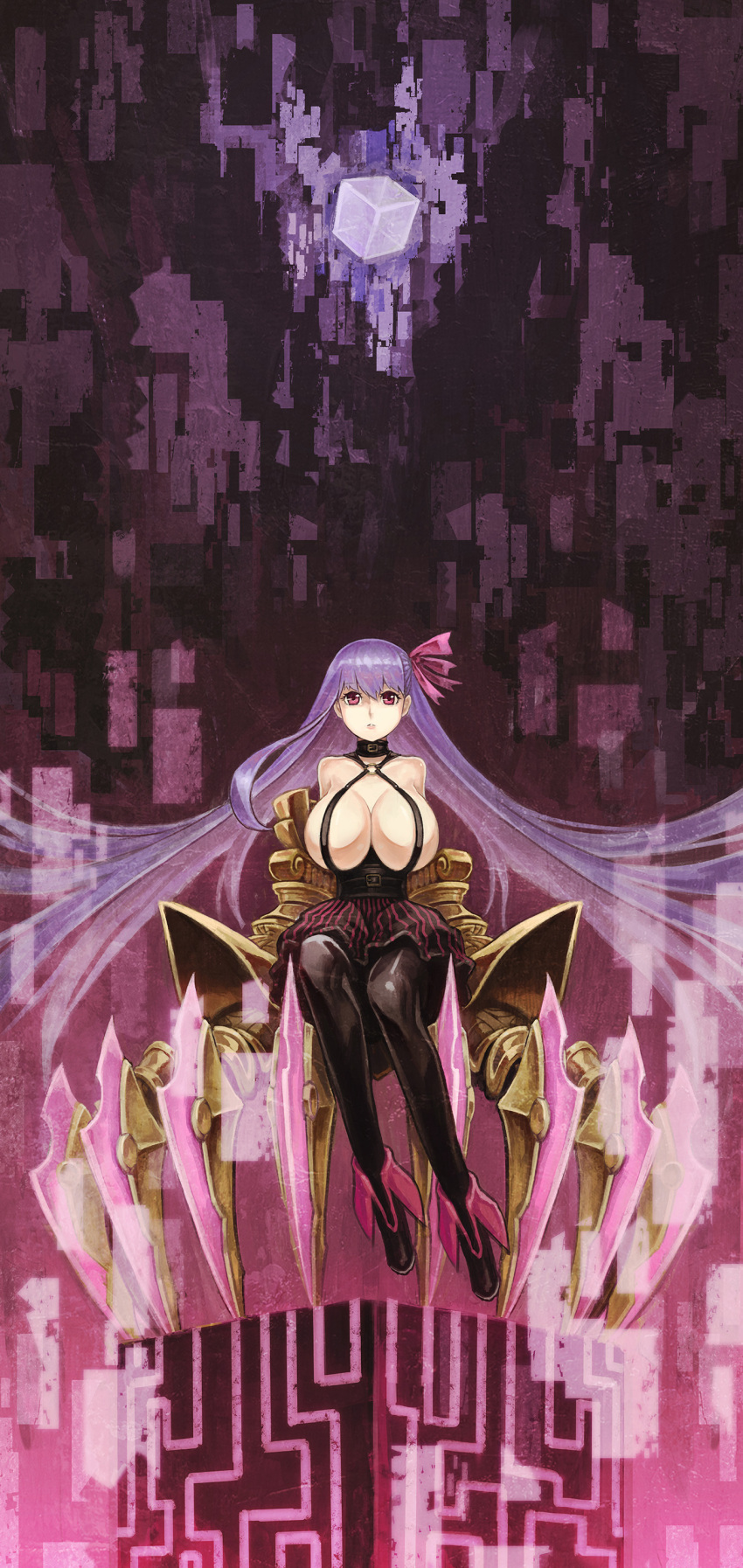 1girl a-er_(akkij0358) absurdres bangs bare_shoulders black_legwear breasts claws collar fate/extra fate/extra_ccc fate_(series) faux_traditional_media full_body gauntlets hair_ribbon highres huge_breasts long_hair looking_at_viewer o-ring_top pantyhose parted_lips passion_lip pink_eyes pink_ribbon purple_hair revealing_clothes ribbon sitting solo very_long_hair