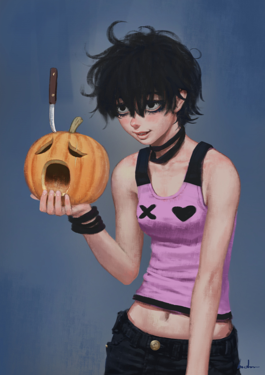 1girl black_eyes black_hair bracelet breasts choker collarbone eyeliner gohpot highres jack-o'-lantern jewelry knife makeup messy_hair navel original parted_lips short_hair signature slouching small_breasts solo tank_top upper_body