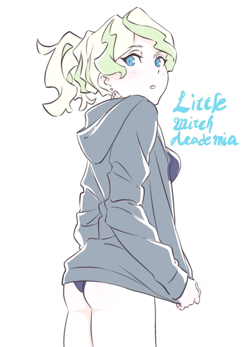 1girl alternate_hairstyle ass blonde_hair blue_eyes blush clothes_pull copyright_name diana_cavendish earrings highres hood hoodie jewelry kengo little_witch_academia looking_back ponytail solo swimsuit tied_hair