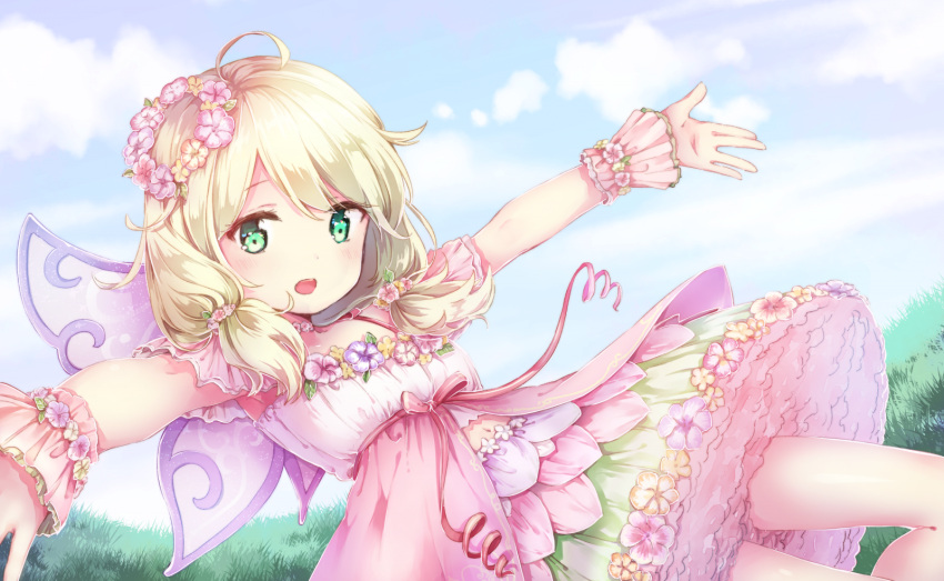 1girl ahoge arm_cuffs bangs blonde_hair blush clouds cloudy_sky crop_top day fairy_wings field flower flower_skirt frilled_skirt frills grass green_eyes hair_flower hair_ornament head_wreath highres idolmaster idolmaster_cinderella_girls idolmaster_cinderella_girls_starlight_stage layered_skirt leaning_back looking_at_viewer low_twintails medium_hair open_mouth outdoors outstretched_arms pink_ribbon pink_shirt purple_wings ribbon shirt short_twintails skirt sky solo spaghetti_strap swept_bangs tareme todo-akira too_many too_many_frills twintails wings wrist_cuffs yusa_kozue