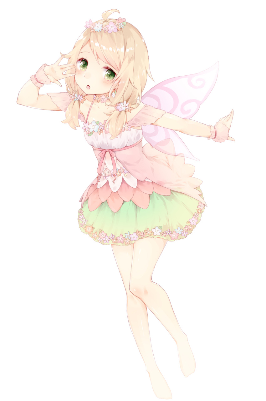 1girl :o ahoge arm_up bad_feet bare_legs barefoot blonde_hair blush collarbone dress fairy_wings flower flower_necklace flower_skirt full_body green_eyes hair_flower hair_ornament head_wreath highres idolmaster idolmaster_cinderella_girls idolmaster_cinderella_girls_starlight_stage jewelry layered_skirt looking_at_viewer low_twintails manatsuki_manata medium_hair messy_hair necklace open_mouth outstretched_arm pink_dress pink_wings shiny shiny_skin short_twintails simple_background solo spaghetti_strap standing twintails white_background wings wrist_cuffs yusa_kozue