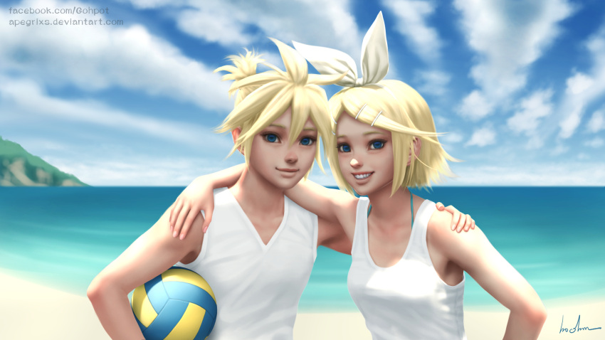 1boy 1girl arm_around_neck arm_around_waist bikini bikini_under_clothes blonde_hair blue_sky brother_and_sister clouds day gohpot grin hair_ornament hair_ribbon hairclip hand_on_another's_shoulder highres kagamine_len kagamine_rin ocean ponytail ribbon siblings signature sky smile sunlight swimsuit swimsuit_under_clothes tank_top twins v-neck vocaloid volleyball watermark web_address