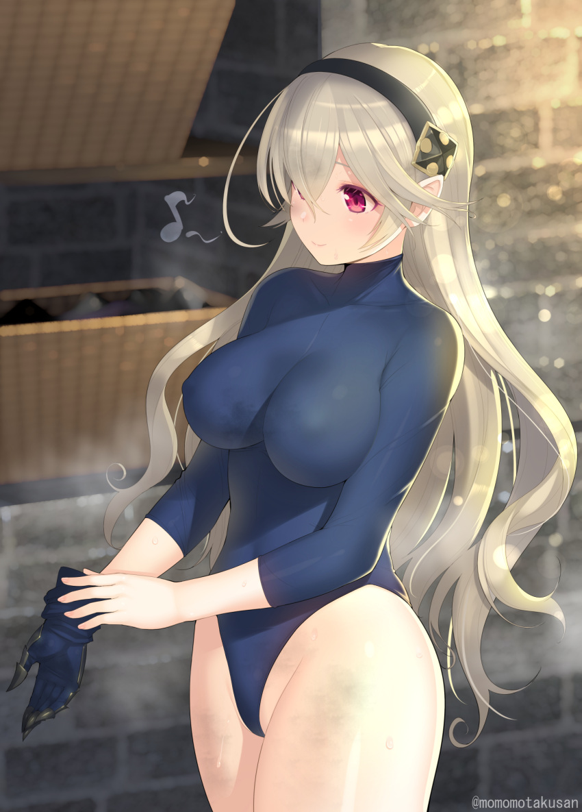 1girl alternate_costume bangs breasts corrin_(fire_emblem) corrin_(fire_emblem)_(female) covered_nipples fire_emblem fire_emblem_fates gloves hairband halterneck happy highleg highleg_leotard highres impossible_clothes impossible_leotard kashiwamochi_yomogi large_breasts leotard red_eyes shiny shiny_skin silver_hair skin_tight skindentation smile solo stone_wall thick_thighs thighs wall window