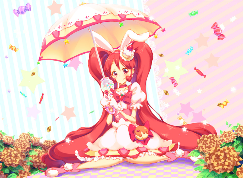 1girl :q animal_ears blush cake_hair_ornament candy cookie cure_whip extra_ears food food_themed_hair_ornament fruit full_body gloves hair_ornament kirakira_precure_a_la_mode long_hair looking_at_viewer magical_girl multiple_girls open_mouth pink_eyes pink_hair precure rabbit_ears sitting skirt smile solo strawberry tongue tongue_out twintails umbrella usami_ichika wand wara@ wariza white_gloves