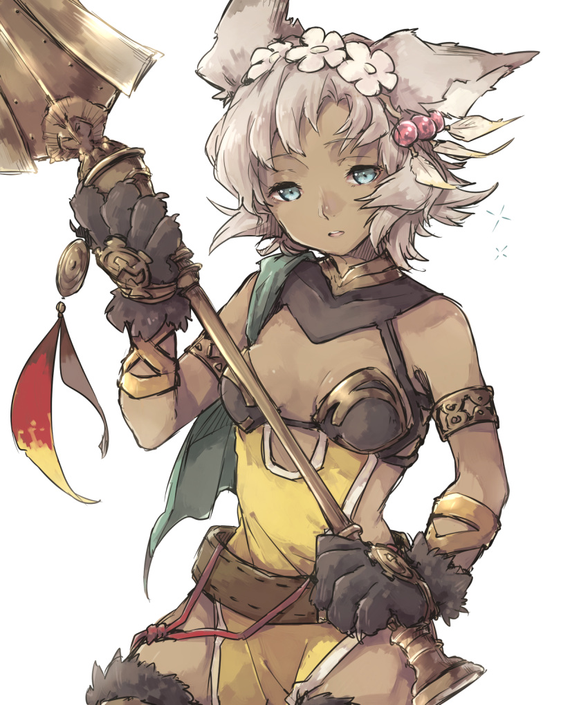 1girl animal_ears asuna_(doruru-mon) belt blue_eyes breasts cat_paws cleavage cowboy_shot dark_skin erun_(granblue_fantasy) feathers flower gloves granblue_fantasy grey_hair hair_feathers hair_flower hair_ornament highres holding holding_weapon melleau open_mouth paw_gloves paws pelvic_curtain polearm simple_background small_breasts solo sparkle spear weapon white_background white_flower