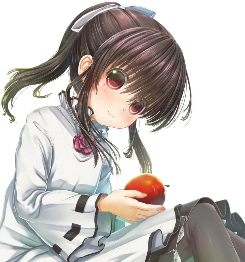 1girl abo_(kawatasyunnnosukesabu) apple black_legwear blush closed_mouth collar collared_dress dress flower food frilled_collar frills fruit hair_over_eyes highres holding holding_fruit long_sleeves looking_at_viewer original pantyhose purple_rose rose simple_background sitting smile solo white_background white_dress wide_sleeves