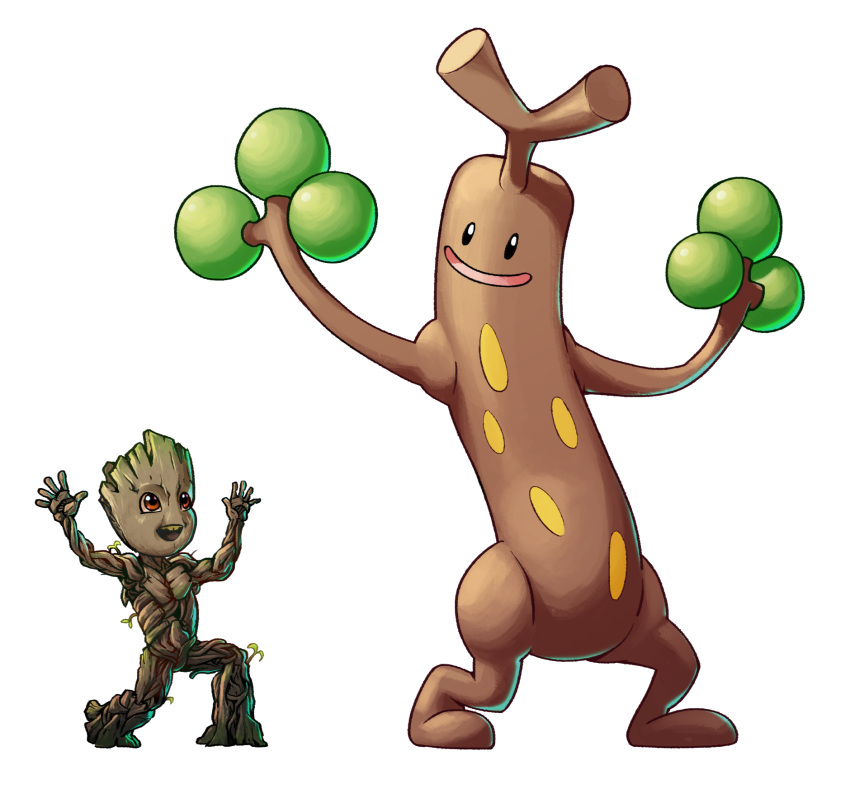 crossover drawfag groot guardians_of_the_galaxy hands_up highres marvel no_humans open_mouth pokemon pokemon_(creature) red_eyes smile standing sudowoodo trait_connection