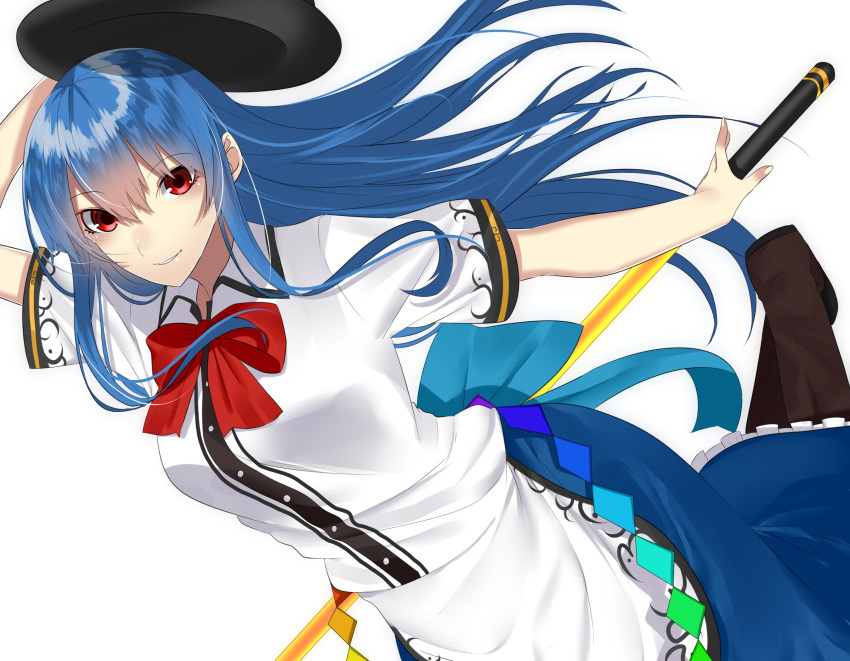 1girl apron arm_behind_back arm_up bangs black_hat blouse blue_hair blue_skirt bow bowtie buttons collared_shirt commentary_request cowboy_shot dutch_angle eyebrows_visible_through_hair fingernails floating_hair frilled_skirt frills hair_between_eyes hat highres hinanawi_tenshi holding holding_sword holding_weapon long_fingernails long_hair looking_at_viewer onineko-chan parted_lips print_shirt red_bow red_bowtie red_eyes red_ribbon ribbon shirt short_sleeves simple_background skirt smile solo sword sword_of_hisou touhou waist_apron weapon white_apron white_background white_blouse white_shirt wind