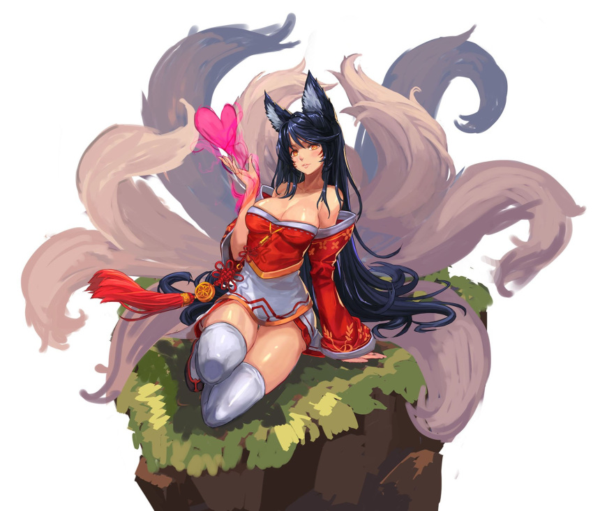1girl ahri animal_ears bare_shoulders black_hair breasts cleavage collarbone detached_sleeves facial_mark fox_ears fox_tail heart highres korean_clothes kyuubi large_breasts league_of_legends long_hair multiple_tails orange_eyes qbspdl sandals simple_background sitting slit_pupils solo tail tassel thigh-highs very_long_hair white_background white_legwear wide_sleeves
