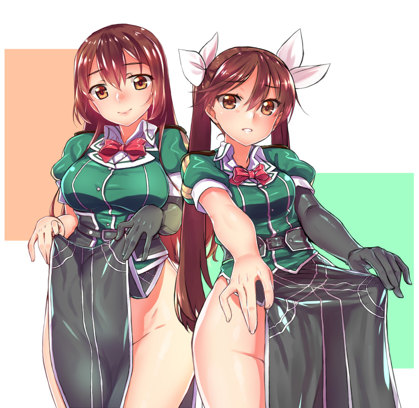 2girls asymmetrical_legwear breasts brown_eyes brown_hair chikuma_(kantai_collection) commentary_request cowboy_shot curvy dress elbow_gloves eyebrows_visible_through_hair gloves hair_between_eyes hair_ribbon highres kantai_collection large_breasts long_hair looking_at_viewer medium_breasts multiple_girls no_panties no_pants parted_lips pelvic_curtain remodel_(kantai_collection) ribbon short_dress side_slit single_elbow_glove single_glove single_thighhigh smile thigh-highs thighs tiha tone_(kantai_collection) twintails white_ribbon wide_hips
