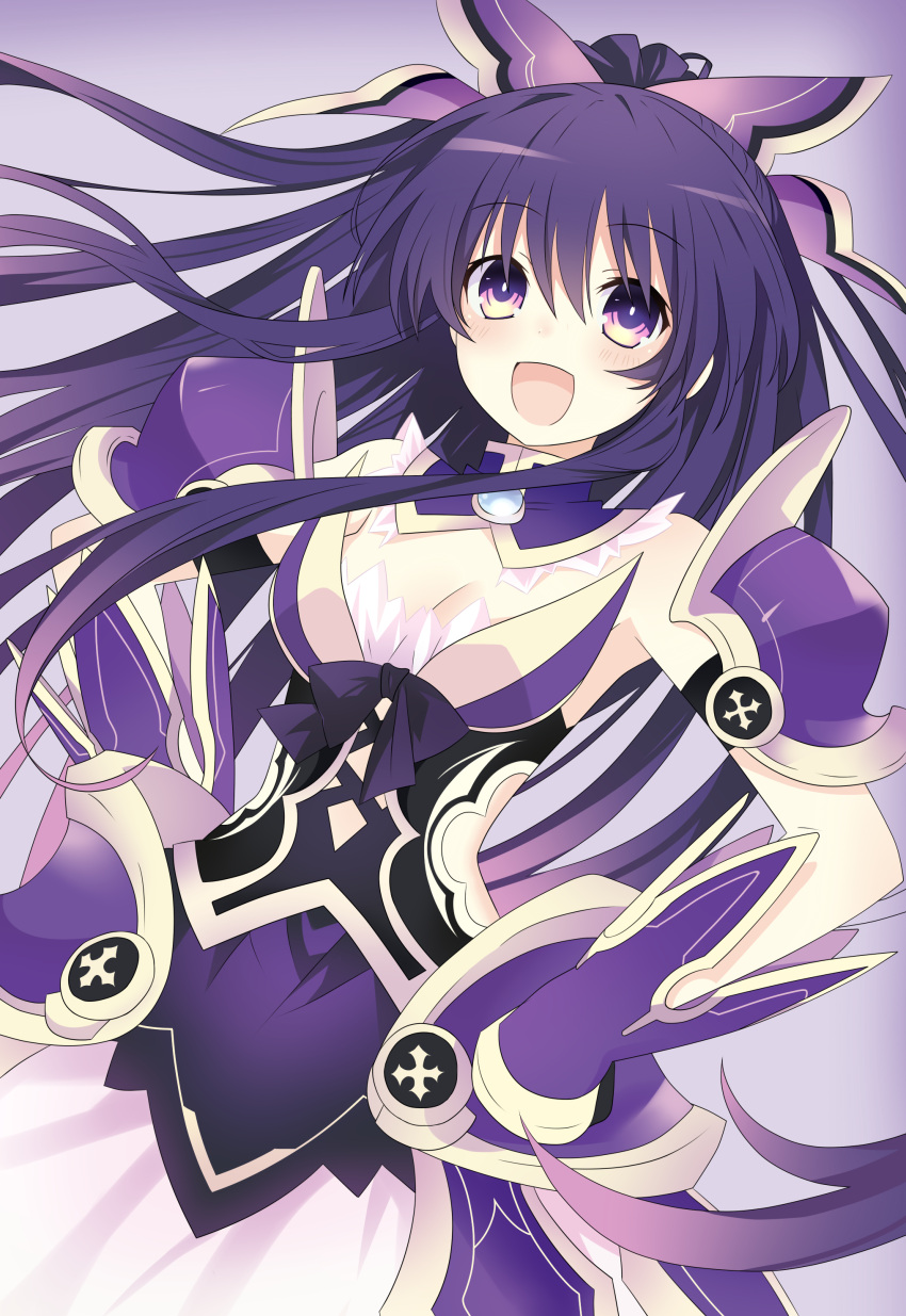 1girl :d absurdres armor armored_dress breasts choker cleavage date_a_live dutch_angle eyebrows_visible_through_hair floating_hair hair_between_eyes hair_ribbon hands_on_hips highres long_hair looking_at_viewer open_mouth purple_hair purple_ribbon qing_cui ribbon small_breasts smile solo spaulders violet_eyes yatogami_tooka