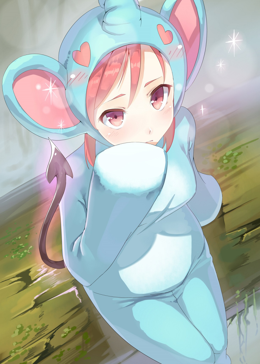 1girl animal_costume blush demon_tail elephant_costume goruva hand_to_own_mouth heart heart-shaped_pupils highres looking_at_viewer pink_eyes pink_hair sitting solo symbol-shaped_pupils tail tree