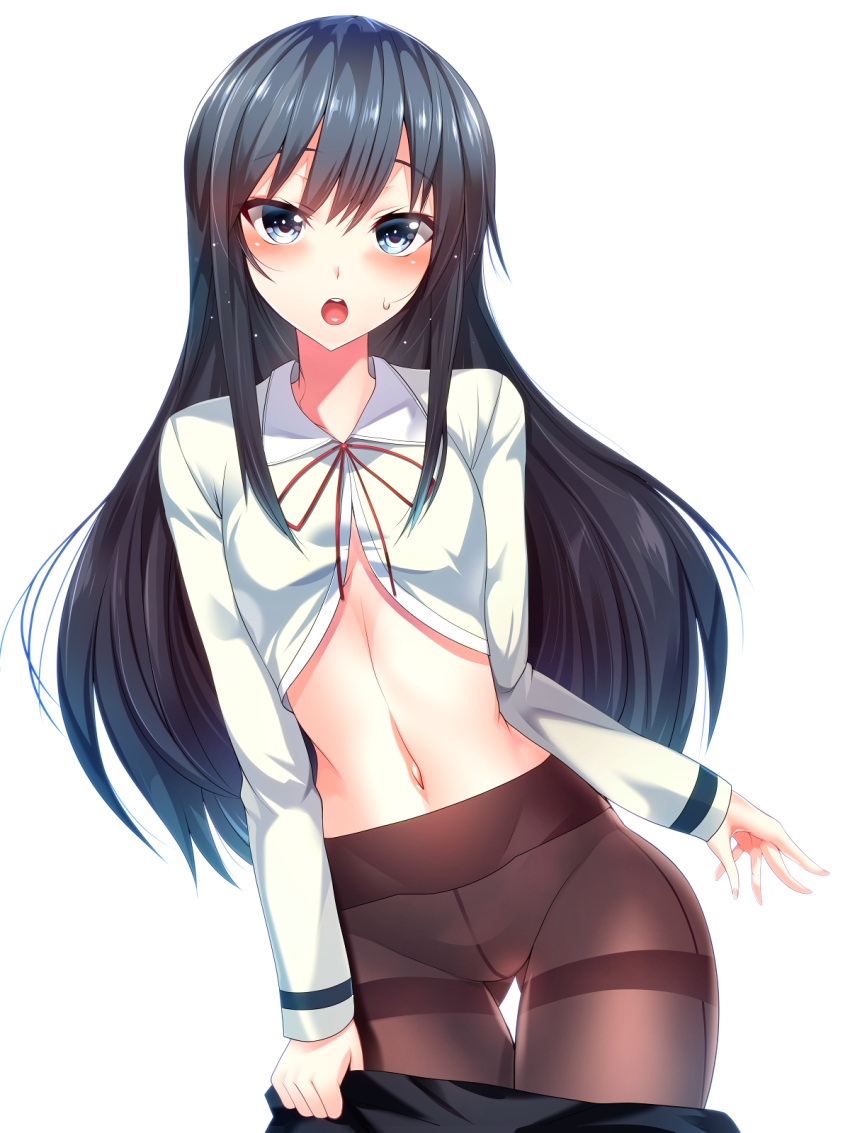 1girl asashio_(kantai_collection) black_dress blue_eyes blue_hair blush breasts brown_legwear collared_shirt contrapposto cowboy_shot crop_top crotch_seam dress dress_pull eyebrows eyebrows_visible_through_hair gluteal_fold highres kantai_collection long_hair long_sleeves midriff navel neck_ribbon no_panties pantyhose pulled_by_self red_ribbon remodel_(kantai_collection) ribbon round_teeth shirt silly_(marinkomoe) simple_background slender small_breasts solo stomach swimsuit teeth thigh_gap thighband_pantyhose undressing very_long_hair white_background wing_collar