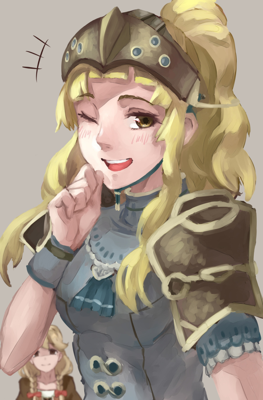 /\/\/\ 2girls armor armored_dress blonde_hair blush braid breasts chin_strap clair_(fire_emblem) effie_(fire_emblem) fire_emblem fire_emblem_echoes:_mou_hitori_no_eiyuuou grey_background hair_ribbon hand_to_own_mouth helm helmet highres laughing long_hair looking_at_viewer multiple_girls one_eye_closed open_mouth pauldrons ponytail ribbon shaded_face short_sleeves smile solo_focus traditional_media tress_ribbon twin_braids upper_body wrist_cuffs yasaidon yellow_eyes