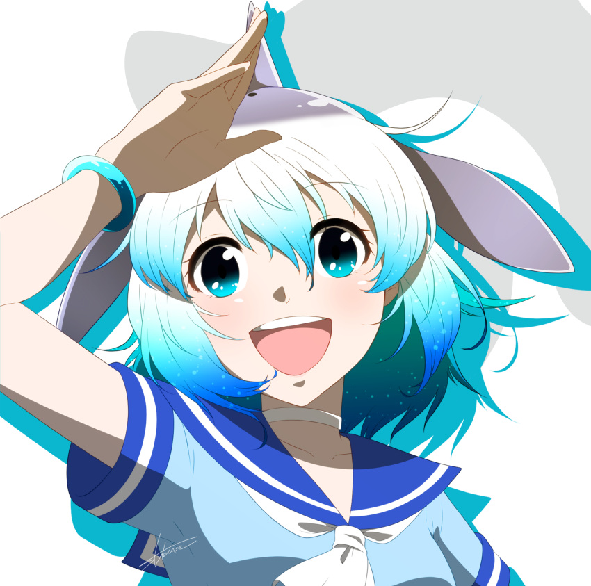 1girl :d artist_name bangle blue_eyes blue_hair blue_shirt blush bracelet collarbone common_bottlenose_dolphin_(kemono_friends) dolphin_ears eyebrows_visible_through_hair hair_between_eyes head_tilt highres japari_symbol jewelry kemono_friends looking_at_viewer multicolored_hair neckerchief open_mouth sailor_collar shirt short_sleeves signature silhouette smile solo stylecase two-tone_hair upper_body white_background white_hair