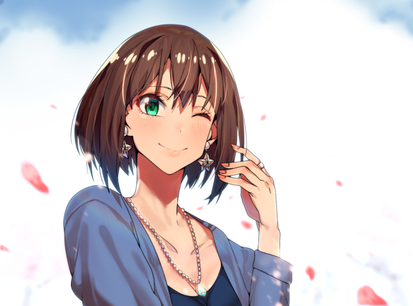 1girl alternate_hair_length alternate_hairstyle blue_jacket blue_shirt blurry blush breasts brown_hair cherry_blossoms cleavage closed_mouth clouds cloudy_sky collarbone commentary_request depth_of_field ear_piercing earrings erere green_eyes idolmaster idolmaster_cinderella_girls jacket jewelry looking_at_viewer nail_polish necklace older one_eye_closed outdoors pearl_necklace pendant petals piercing ring shibuya_rin shirt short_hair sky small_breasts smile solo star star_earrings straight_hair tree upper_body