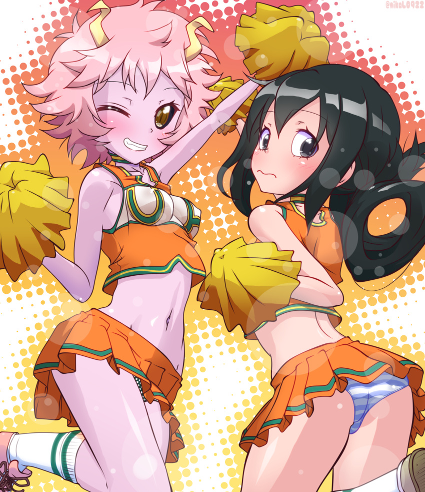 2girls ;d antennae arm_up ashido_mina ass asui_tsuyu back bare_shoulders black_eyes black_hair blush boku_no_hero_academia breasts cheerleader commentary_request frog_girl highres k10k microskirt midriff multiple_girls navel one_eye_closed open_mouth panties pink_hair pink_skin pleated_skirt polka_dot polka_dot_panties pom_poms ponytail shoes short_hair skirt sleeveless smile socks striped striped_panties teeth thighs thin_eyebrows tied_hair underwear upskirt wavy_mouth