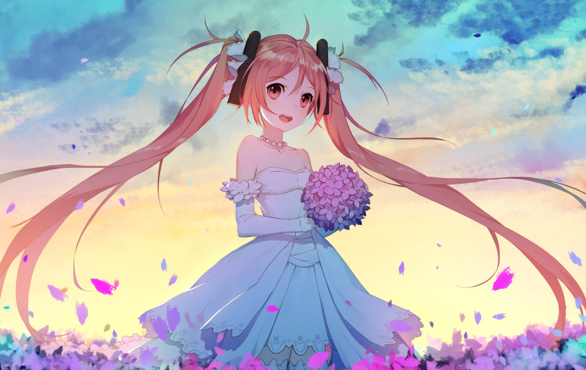 1girl :d ahoge aihara_enju backlighting bare_shoulders black_bullet blue_sky blush bouquet clouds collarbone comic copyright_request daye_bie_qia_lian dress elbow_gloves flat_chest flower gloves hair_ornament highres holding holding_bouquet long_hair looking_at_viewer morning open_mouth orange_eyes orange_hair outdoors petals round_teeth sky smile solo standing strapless strapless_dress sunlight tareme teeth thigh-highs twintails very_long_hair wedding_dress white_dress white_gloves white_legwear zettai_ryouiki