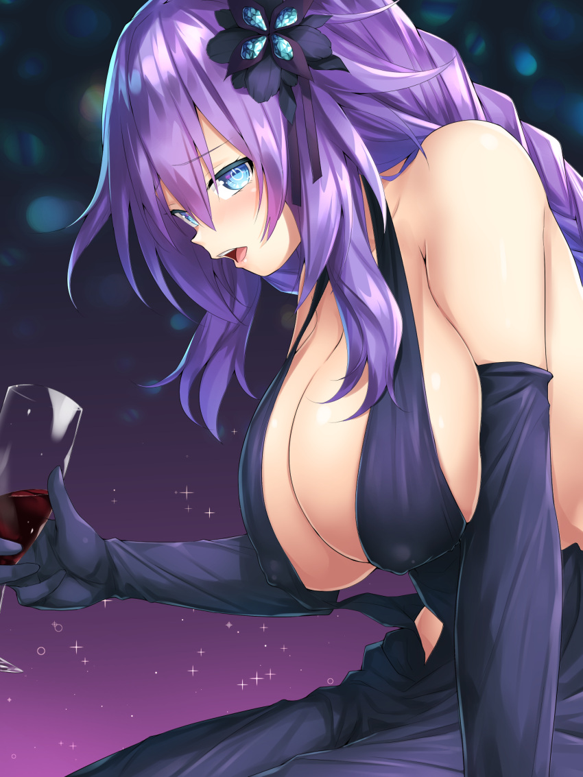 10s 1girl alcohol black_dress braid breasts champagne_flute choujigen_game_neptune cleavage collarbone cup dress drink drinking_glass elbow_gloves erect_nipples flower gloves hair_flower hair_ornament highres kami_jigen_game_neptune_v large_breasts long_hair looking_at_viewer looking_to_the_side neptune_(choujigen_game_neptune) neptune_(series) oekakizuki purple_hair purple_heart shiny shiny_hair shiny_skin solo symbol-shaped_pupils tied_hair twin_braids very_long_hair wine wine_glass