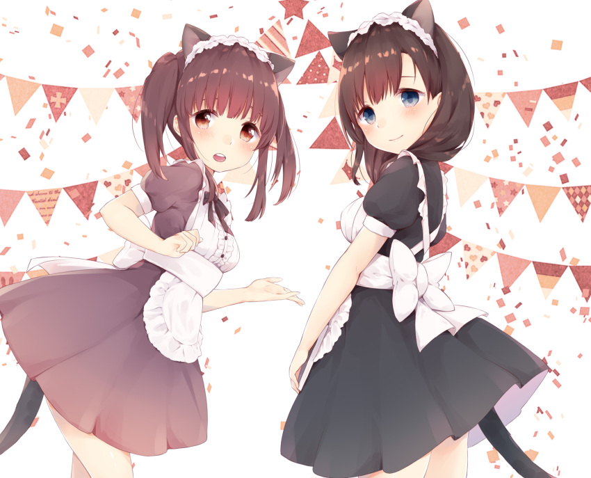 2girls alternate_costume animal_ears apron bangs banner black_dress black_ribbon blue_eyes blunt_bangs blush bow brown_dress brown_eyes brown_hair buttons cat_ears cat_tail closed_mouth commentary_request confetti cowboy_shot cross-laced_clothes dress enmaided extra_ears frilled_apron frilled_hairband frills from_behind hairband highres idolmaster idolmaster_cinderella_girls large_bow leaning_forward looking_at_viewer maid manatsuki_manata medium_dress medium_hair multiple_girls ogata_chieri open_mouth outstretched_hand puffy_short_sleeves puffy_sleeves ribbon sakuma_mayu shiny shiny_skin short_sleeves sidelocks smile standing straight_hair string_of_flags tail tareme teeth twintails white_background white_bow