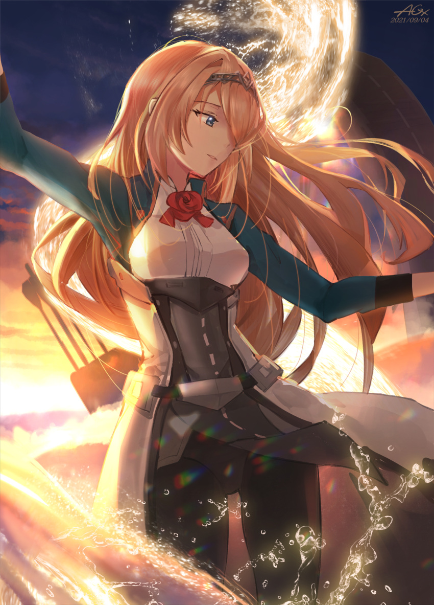 1girl absurdres alexzhang arrow_(projectile) blonde_hair bow bow_(weapon) breasts compound_bow flight_deck flower green_jacket highres jacket kantai_collection long_hair long_sleeves medium_breasts multicolored multicolored_clothes outdoors overskirt quiver red_flower red_rose rose sky solo tiara victorious_(kancolle) water weapon