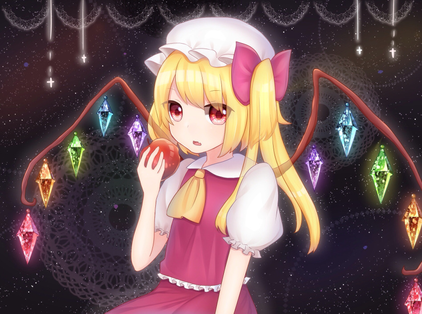 1girl apple ascot black_background blonde_hair bow crystal fang flandre_scarlet food fruit hat hat_bow highres looking_at_viewer mob_cap necktie open_mouth puffy_short_sleeves puffy_sleeves red_bow red_eyes red_skirt red_vest shirt short_hair_with_long_locks short_sleeves side_ponytail skirt touhou vest white_shirt wings yadoyuki yellow_necktie