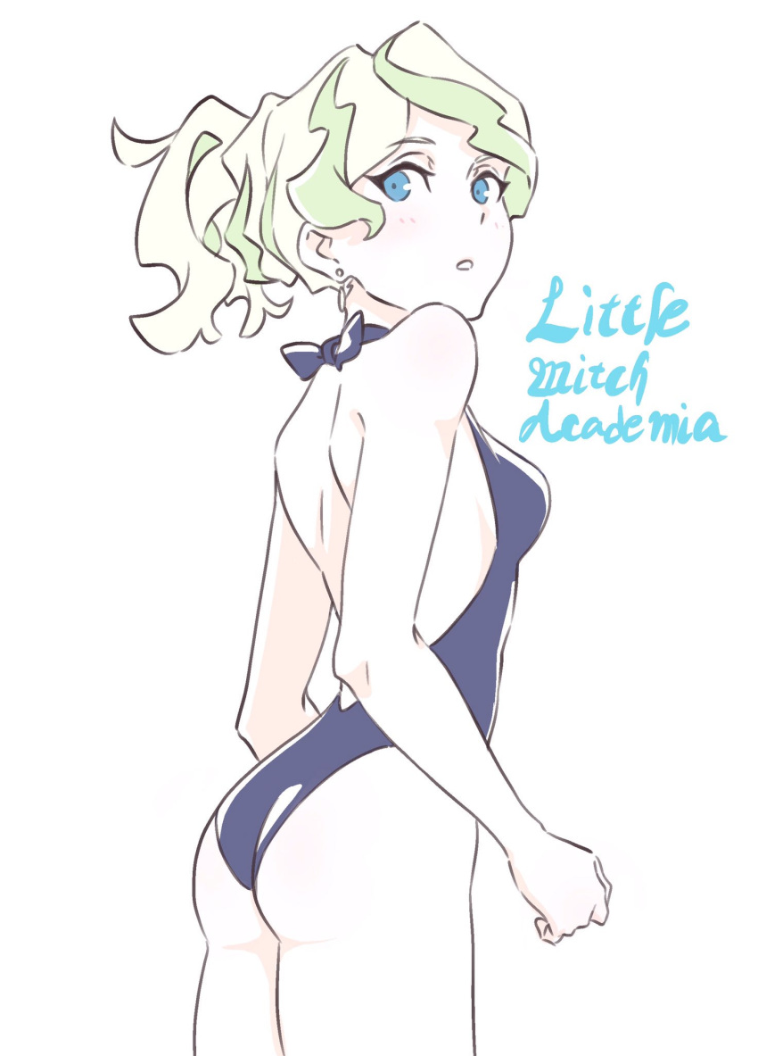 1girl alternate_hairstyle ass blonde_hair blue_eyes blush clothes_pull copyright_name diana_cavendish earrings highres jewelry kengo little_witch_academia looking_back one-piece_swimsuit ponytail solo swimsuit tied_hair