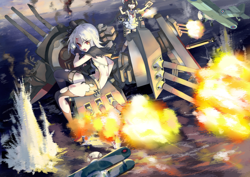 2girls absurdres aircraft airplane anchor antonio_da_noli_(zhan_jian_shao_nyu) battle biplane black_gloves black_legwear blackblades bow cannon capelet cup damaged double-breasted explosion garter_straps gloves gun hat headgear highres holding holding_cup holding_gun holding_weapon long_hair low_twintails machinery multiple_girls purple_hair red_bow red_eyes red_shoes shirt shoes sitting skirt thigh-highs torn_clothes torn_shirt torn_skirt torn_thighhighs torpedo turret twintails very_long_hair violet_eyes vittorio_veneto_(zhan_jian_shao_nyu) weapon white_hair zhan_jian_shao_nyu