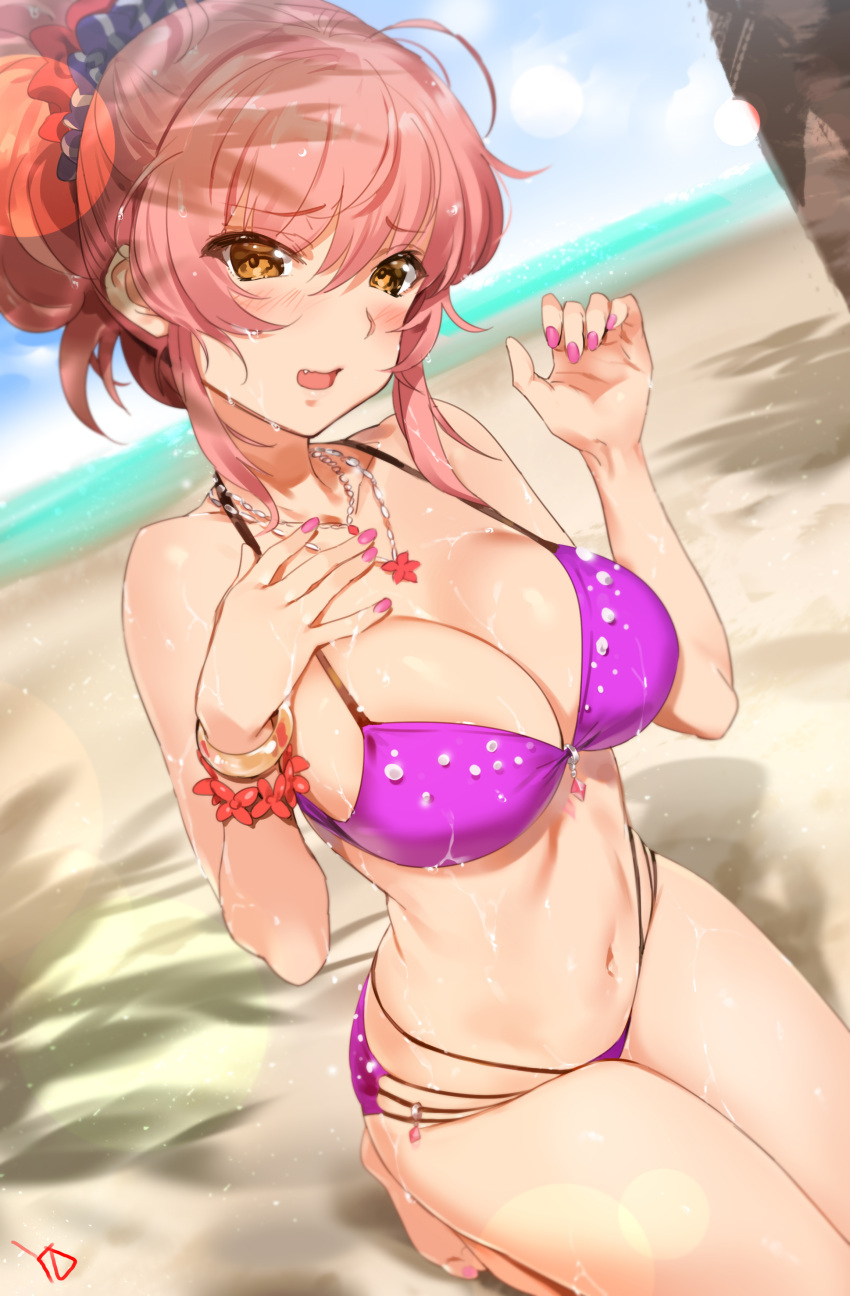 1girl absurdres beach bikini blush bracelet breasts cleavage commentary_request day eyebrows_visible_through_hair eyelashes fang flower_bracelet hand_on_own_chest highres idolmaster idolmaster_cinderella_girls jewelry jougasaki_mika kneeling large_breasts long_hair multi-strapped_bikini nail_polish navel necklace nervous_smile outdoors pendant pink_hair pink_nails polka_dot ponytail purple_bikini scrunchie shade sidelocks signature solo striped striped_scrunchie swimsuit wet yang-do yellow_eyes