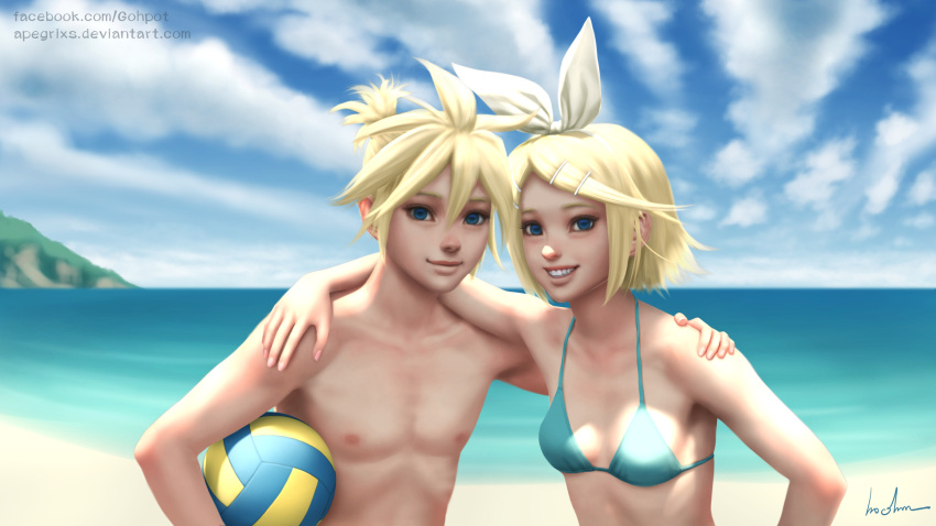1boy 1girl arm_around_neck arm_around_waist bikini blonde_hair blue_sky brother_and_sister clouds day gohpot grin hair_ornament hair_ribbon hairclip hand_on_another's_shoulder highres kagamine_len kagamine_rin ocean ponytail realistic ribbon shirtless siblings signature sky smile sunlight swimsuit twins vocaloid volleyball watermark web_address
