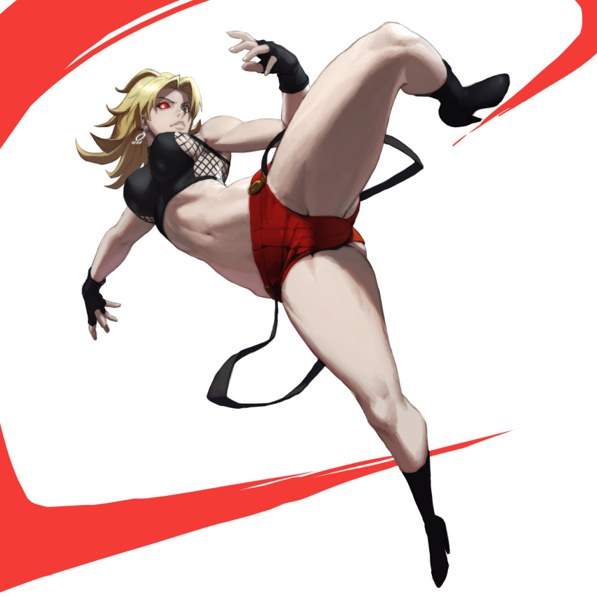 1girl blonde_hair breasts earrings female genderswap genderswap_(mtf) genocide_cutter glowing glowing_eyes highres jewelry leg_lift long_hair loped navel rugal_bernstein simple_background solo the_king_of_fighters thighs