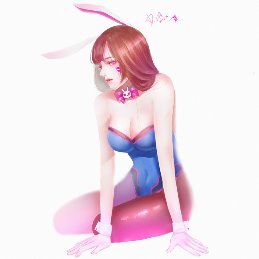 &gt;:3 1girl 2017 :3 adapted_costume alternate_eye_color animal_ears artist_name bangs bare_shoulders blue_leotard bow bowtie breasts brown_legwear bunny_girl bunnysuit character_name cleavage collarbone covered_navel d.va_(overwatch) dated detached_collar eyelashes facepaint facial_mark fake_animal_ears fingernails full_body hands_on_floor heart heart-shaped_pupils highleg highleg_leotard highres leotard lips lipstick long_hair looking_at_viewer makeup medium_breasts nose overwatch pantyhose parted_lips pink_bow pink_bowtie pink_eyes pink_lips pink_lipstick rabbit_ears sideways_glance signature simple_background sleeveless solo strapless strapless_leotard symbol-shaped_pupils teeth thighs whisker_markings white_background wrist_cuffs yilan_poi