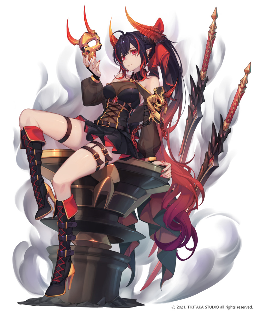 1girl ahoge arcana_tactics arm_support baek_hyang bare_shoulders black_hair boots breasts chain character_request covered_navel demon_girl demon_horns ear_piercing floating floating_object floating_weapon full_body gradient_hair high_heel_boots high_heels highlights highres holding holding_mask horns korean_commentary long_hair mask medium_breasts miniskirt multicolored_hair piercing pointy_ears ponytail red_eyes redhead simple_background sitting skirt solo sword thigh_strap two-tone_hair very_long_hair weapon white_background
