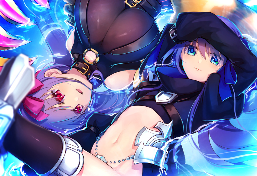 2girls armor armored_boots bangs black_coat black_legwear blue_eyes blurry boots breasts claws cleavage closed_mouth cocorosso corset crotch_plate depth_of_field dutch_angle eyebrows_visible_through_hair fate/extra fate/extra_ccc fate/grand_order fate_(series) flat_chest hair_ribbon hands_in_sleeves highres huge_breasts juliet_sleeves light_smile long_hair long_sleeves looking_at_another looking_at_viewer lying meltlilith multiple_girls navel on_back parted_lips partially_submerged passion_lip puffy_sleeves purple_hair purple_ribbon red_eyes revealing_clothes ribbon rotational_symmetry smile thigh-highs water_surface