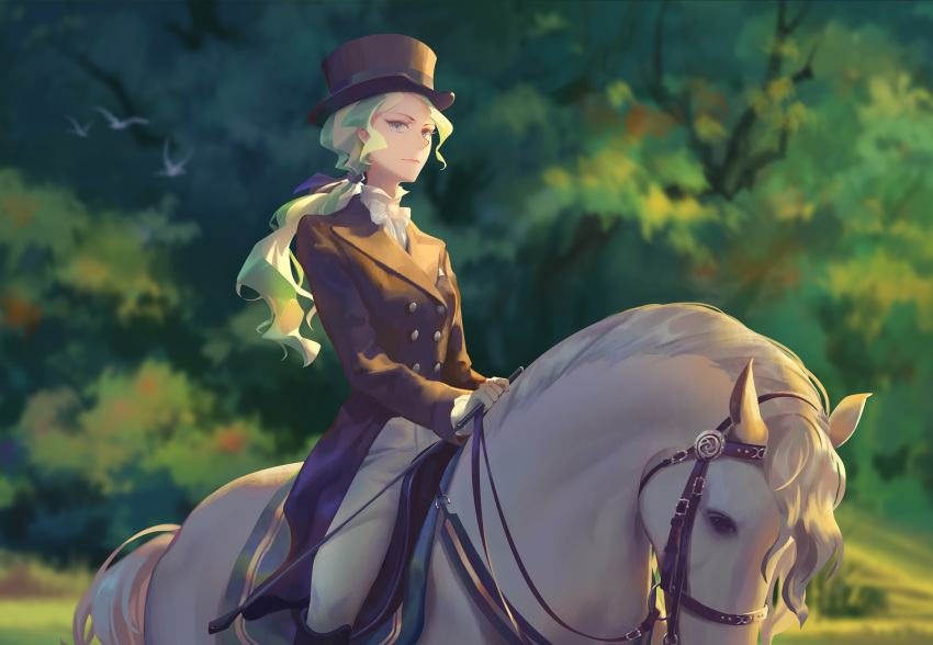 1girl blonde_hair blue_eyes boots diana_cavendish edakai gloves green_hair hat highres horse horseback_riding little_witch_academia long_hair multicolored_hair pants ponytail riding riding_crop solo top_hat tree two-tone_hair