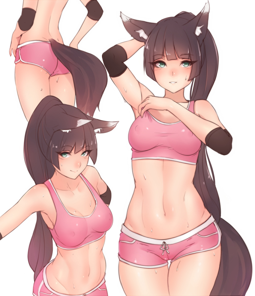1girl :d adjusting_clothes animal_ears arm_behind_back arm_behind_head armpits ass back bangs bare_shoulders blunt_bangs blush breasts brown_hair closed_mouth collarbone cowboy_shot crop_top dimples_of_venus elbow_pads erect_nipples eyebrows_visible_through_hair eyelashes fox_ears fox_tail from_above green_eyes highres kubo_(artist) long_hair looking_at_viewer looking_up medium_breasts multiple_views navel nose_blush open_mouth original outstretched_arm pink_shorts short_shorts shorts simple_background sleeveless smile sports_bra sportswear standing stomach sweat tail thigh_gap thighs tsurime very_long_hair white_background