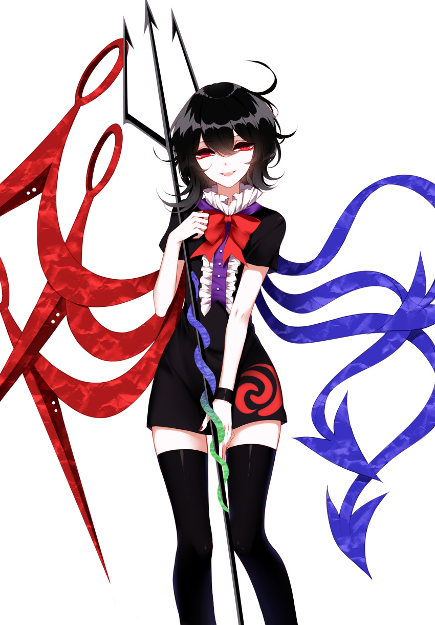 1girl absurdres asymmetrical_wings black_dress black_hair black_legwear dress hair_between_eyes highres houjuu_nue nail_polish open_mouth polearm red_eyes red_nails red_ribbon ribbon sheya short_hair short_sleeves simple_background smile snake solo thigh-highs touhou trident weapon white_background wings