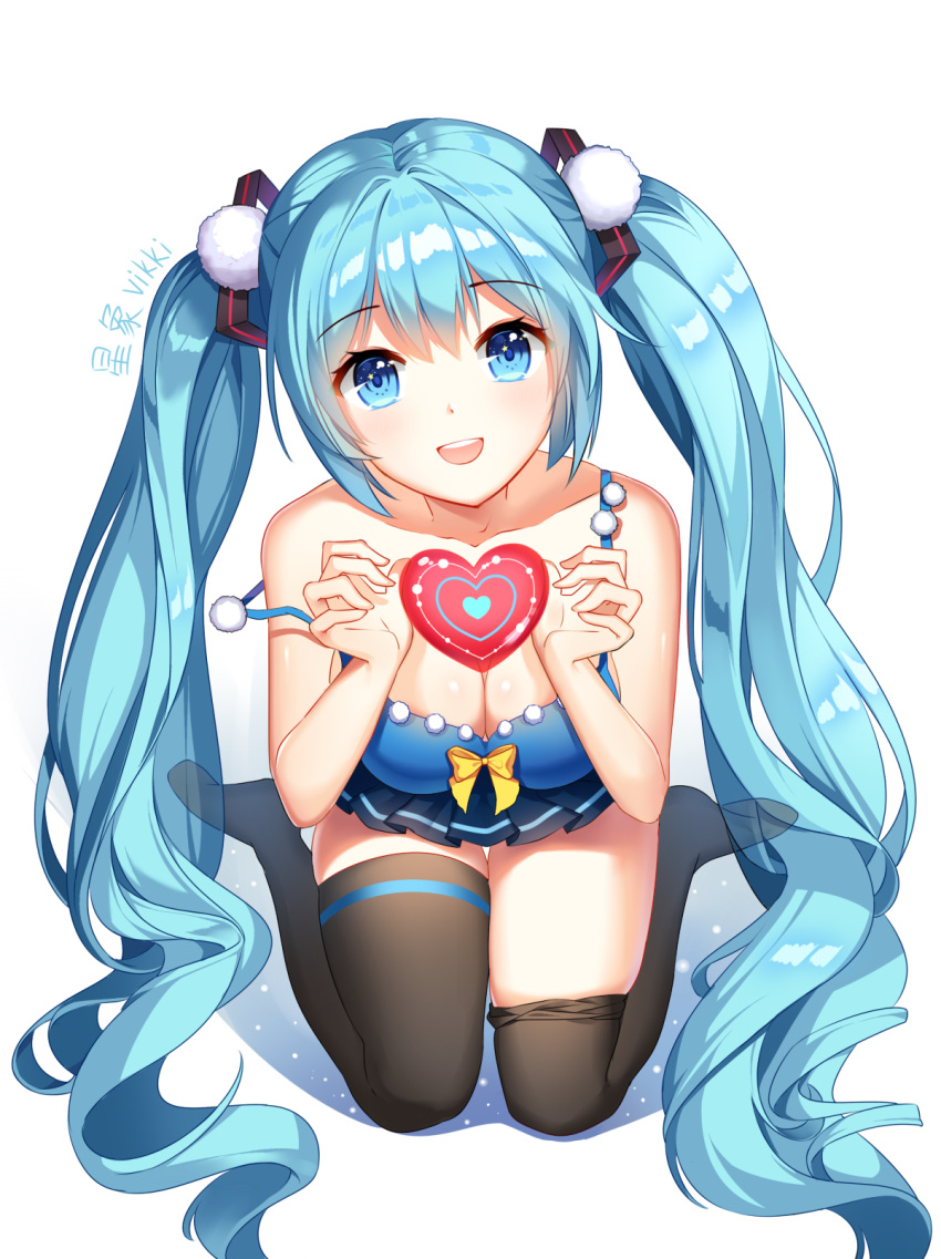 1girl artist_name bare_shoulders blue_eyes blue_hair breasts cleavage hatsune_miku heart highres long_hair looking_at_viewer medium_breasts open_mouth seiza sitting skirt smile solo strap_slip thigh-highs twintails very_long_hair vocaloid white_background