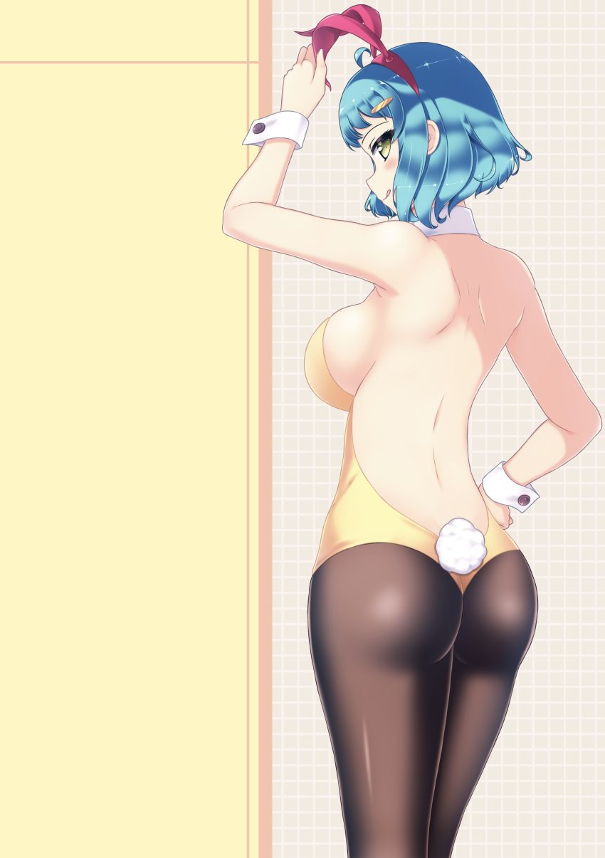 1girl :q absurdres ass black_legwear blue_hair blush breasts bunny_tail bunnysuit closed_mouth cowboy_shot from_behind green_eyes hair_ornament hairband hairclip hand_on_hip highres large_breasts leotard looking_at_viewer nanomate3 open_back original pantyhose profile red_ribbon ribbon short_hair smile solo standing tail tile_wall tiles tongue tongue_out wrist_cuffs