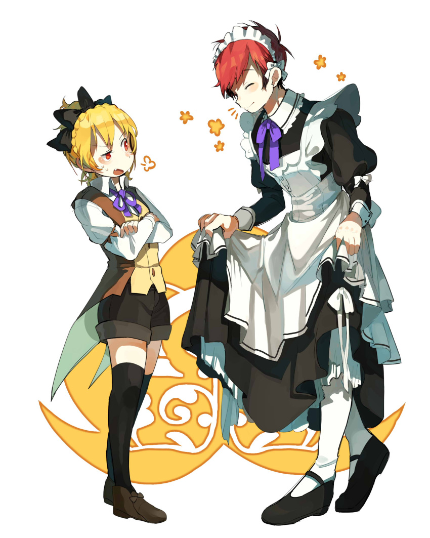 /\/\/\ 1boy 1girl ^_^ absurdres alternate_costume bangsutur black_bow black_dress black_legwear black_shoes blonde_hair blush bow braid brown_shoes brown_shorts closed_eyes collared_shirt crossdressinging crossed_arms dress enmaided fang felt_(re:zero) from_side full_body fume hair_bow highres long_sleeves looking_at_another maid maid_headdress mary_janes neck_ribbon open_mouth profile puffy_long_sleeves puffy_sleeves purple_ribbon re:zero_kara_hajimeru_isekai_seikatsu red_eyes redhead reinhard_van_astrea ribbon shirt shoes short_hair shorts skirt_hold smile sweatdrop thigh-highs vest white_background white_legwear white_shirt wing_collar