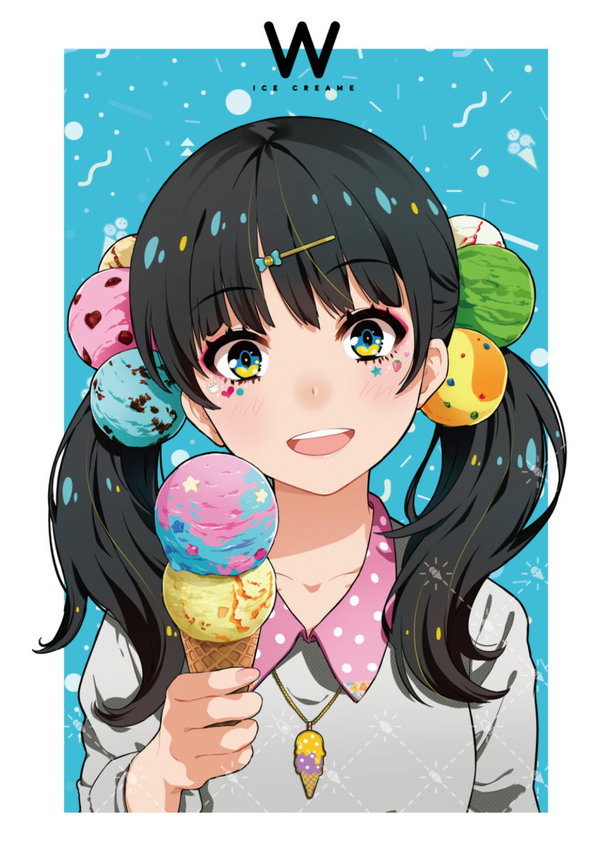 1girl black_hair blue_eyes food fruit hair_ornament hairclip heart highres ice_cream_cone jewelry long_hair open_mouth original pendant ram_(ramlabo) smile solo strawberry twintails