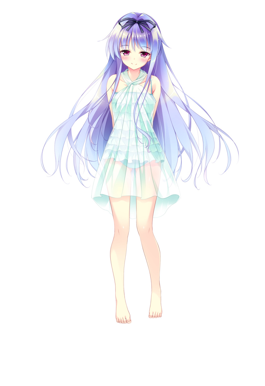 1girl arms_behind_back bangs bare_shoulders barefoot blue_hair blush bow collarbone eyebrows_visible_through_hair full_body golden_marriage hair_bow hayakawa_harui highres looking_at_viewer marika_von_wittelsbach official_art see-through smile solo standing swimsuit transparent_background violet_eyes