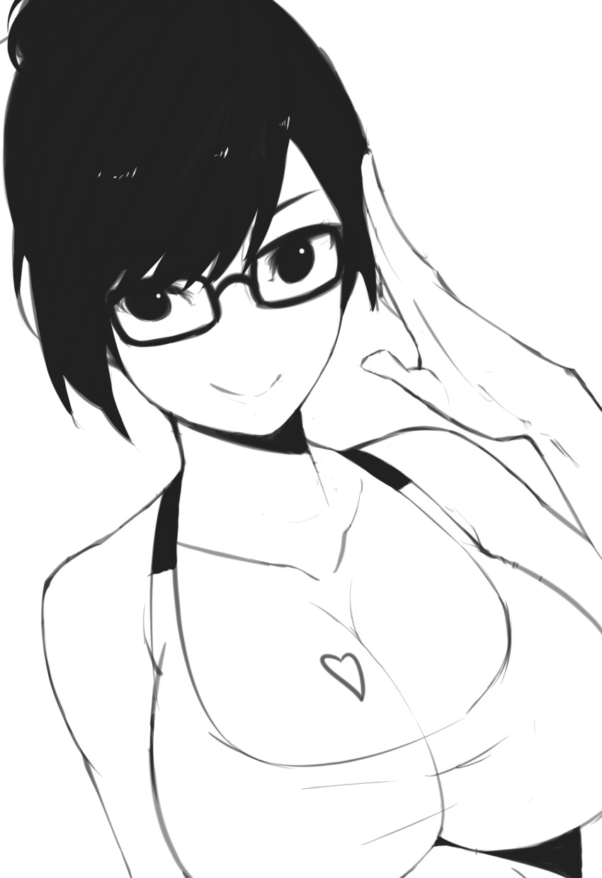 1girl bangs bare_arms bare_shoulders black-framed_eyewear black_eyes black_hair breasts cleavage closed_mouth collarbone glasses hair_bun hand_up heart hentaki highres large_breasts mei_(overwatch) monochrome no_nose overwatch salute shirt short_hair simple_background sleeveless sleeveless_shirt smile solo upper_body white_background
