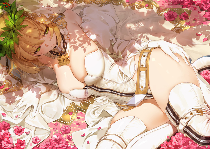 1girl bare_shoulders blonde_hair boots breasts bridal_veil cleavage elbow_gloves eyebrows_visible_through_hair fate/extra fate/extra_ccc fate/grand_order fate_(series) flower gloves green_eyes hair_flower hair_ornament jewelry large_breasts leotard lying necklace on_side petals saber_bride saber_extra smile solo thigh-highs thigh_boots veil white_gloves white_legwear yang-do