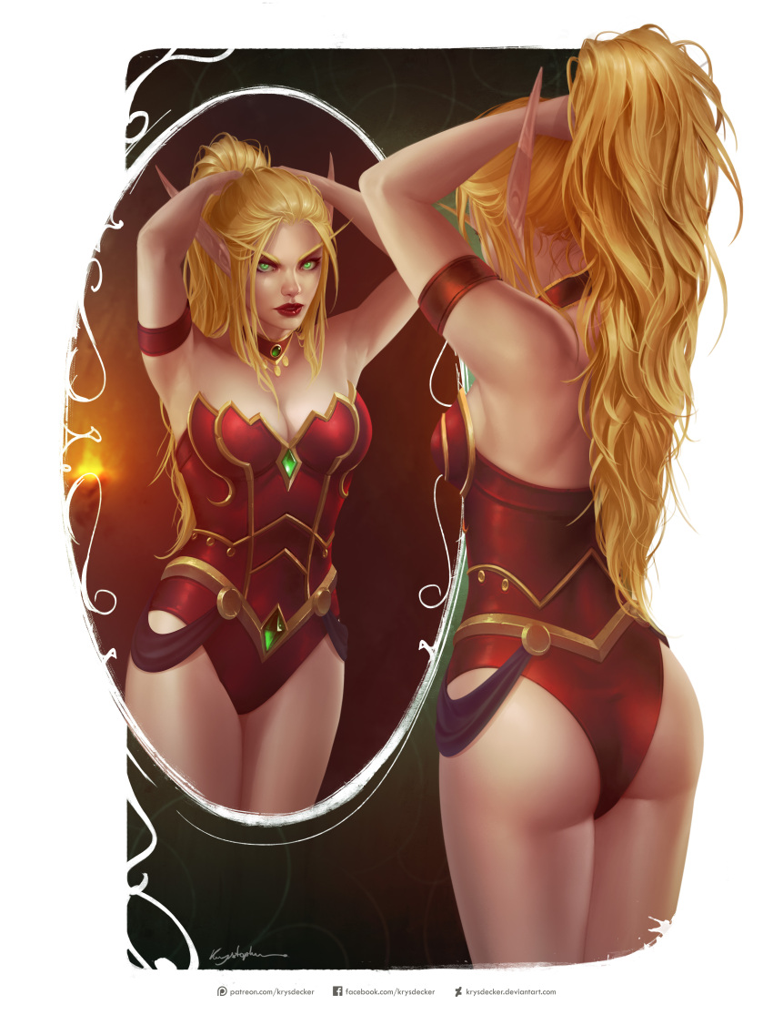1girl absurdres artist_name ass back bare_shoulders blonde_hair blood_elf breasts collar elf eyebrows green_eyes highres jewelry krystopher_decker long_hair looking_at_mirror medium_breasts mirror pointy_ears realistic red_clothes signature solo valeera_sanguinar warcraft