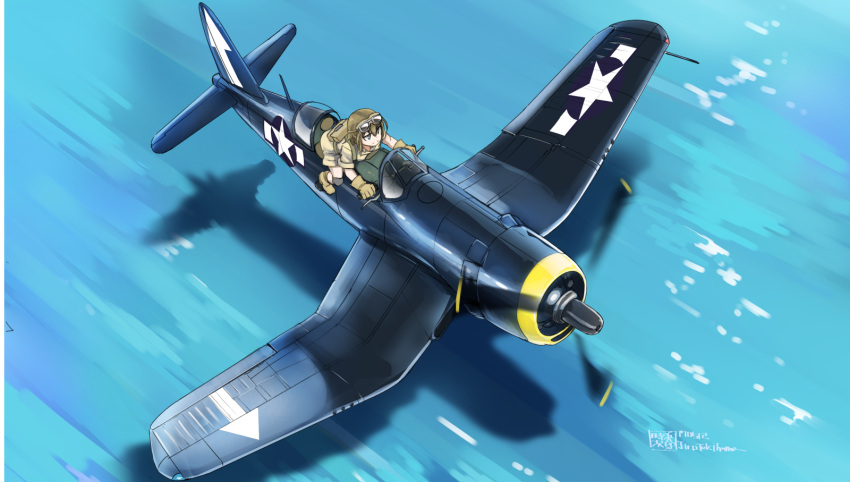 1girl aircraft airplane blue_eyes brown_hair commentary dated f4u_corsair flying from_above gloves goggles goggles_on_head highres leaning_forward military military_uniform ocean original shadow short_hair shorts signature smile solo tokihama_jirou uniform water world_war_ii