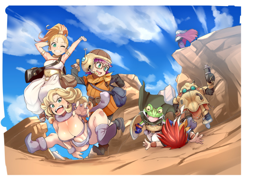 3boys 3girls armpits ayla_(chrono_trigger) blonde_hair breasts chrono_trigger cleavage crono faceplant glasses helmet high_ponytail kaeru_(chrono_trigger) large_breasts long_hair looking_at_viewer lucca_ashtear magus marle multiple_boys multiple_girls nuezou one_eye_closed ponytail robo shield smile