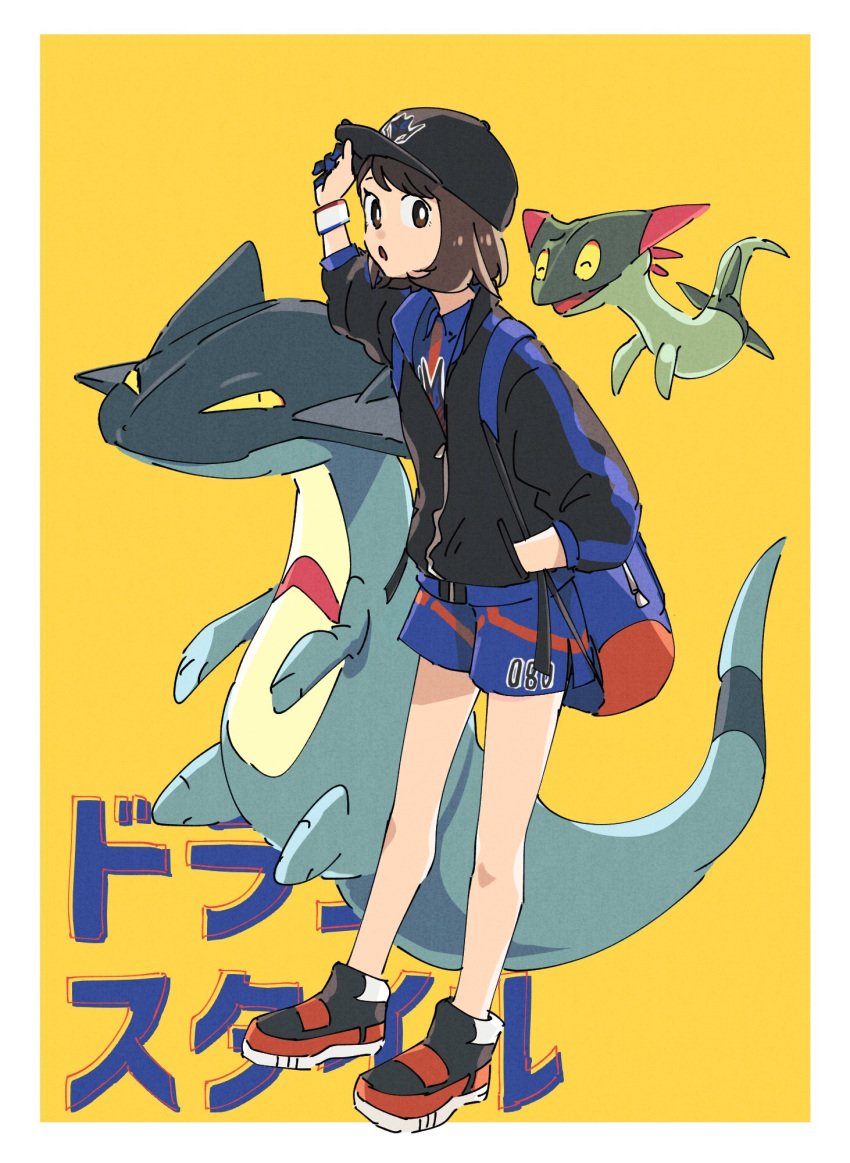 1girl alternate_costume backpack bag bangs baseball_cap black_headwear black_jacket blue_bag blue_shirt blue_shorts bob_cut border bright_pupils brown_eyes brown_hair drakloak dreepy dynamax_band gen_8_pokemon gloria_(pokemon) gloves grey_asa hand_in_pocket hat highres jacket knees looking_at_viewer number pokemon pokemon_(creature) pokemon_(game) pokemon_swsh shirt shoes short_hair shorts side_slit side_slit_shorts standing white_border white_pupils zipper_pull_tab