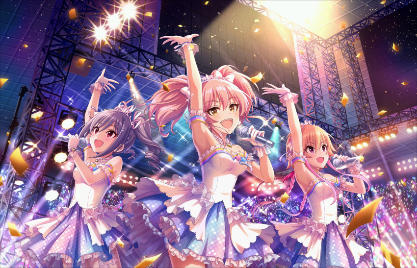 3girls :d armpits arms_up artist_request bangs blue_dress blue_ribbon blush bow braid breasts brooch ceiling cinderella_dream collarbone concert confetti crowd dancing detached_sleeves dot_nose dress drill_hair dutch_angle eyebrows_visible_through_hair eyelashes eyes_visible_through_hair fang frilled_dress frilled_gloves frilled_sleeves frills gloves glowstick grey_hair hair_between_eyes hair_bow hair_ornament hair_over_shoulder hair_ribbon highlights holding holding_microphone idol idolmaster idolmaster_cinderella_girls idolmaster_cinderella_girls_starlight_stage indoors jewelry jougasaki_mika kanzaki_ranko layered_dress light_particles light_rays lips long_hair looking_at_viewer looking_away looking_up low-tied_long_hair matching_outfit medium_breasts microphone multicolored_hair multiple_girls music necklace ninomiya_asuka official_art open_hand open_mouth orange_hair outstretched_arm pearl_necklace pendant pink_eyes pink_hair polka_dot polka_dot_dress red_eyes ribbon see-through short_hair_with_long_locks short_twintails sidelocks singing sleeveless sleeveless_dress smile stage stage_lights standing star star_hair_ornament streaked_hair sweat teeth tiara tile_ceiling tiles twin_braids twin_drills twintails two-tone_hair unmoving_pattern white_bow white_dress white_gloves white_ribbon yellow_eyes